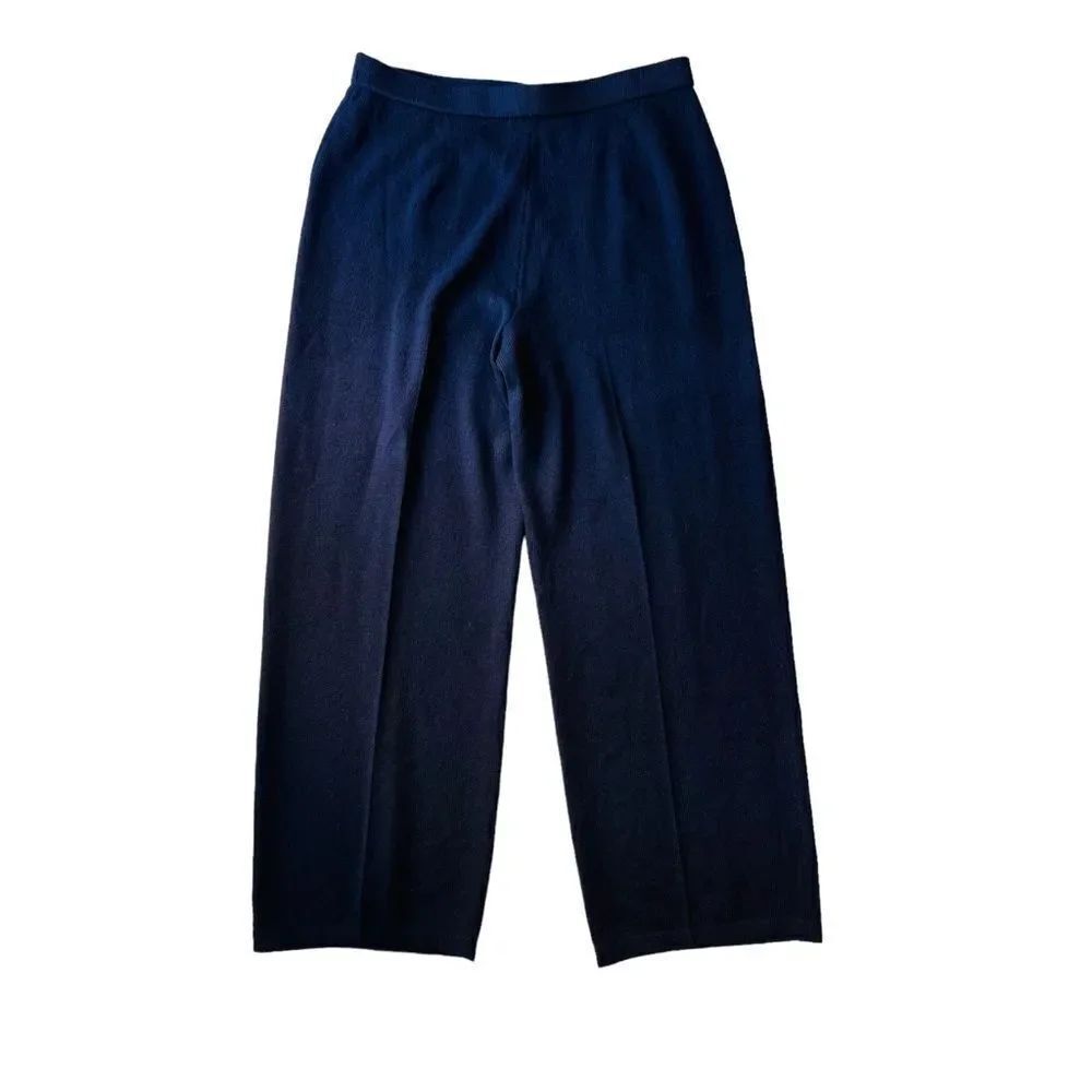 St. John Santana Knit Wool Blend Navy Blue Wide Leg Elastic Waist Pants sz 14